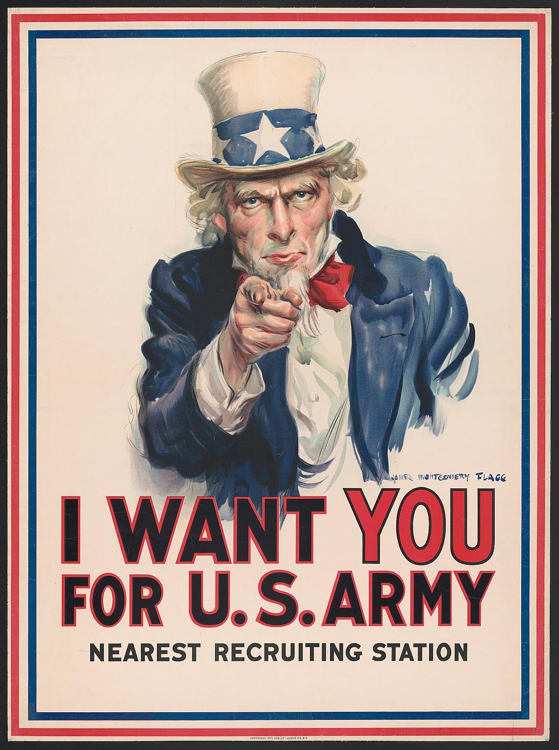 Искам те за армията на САЩ: най-близката станция за набиране на войници. Плакат на Джеймс Монтгомъри Флаг, около 1917 г. От плакатите: Световната война.