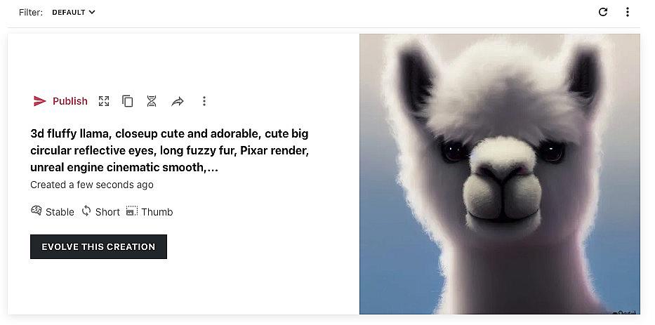 &lt;p&gt;Night Cafe, примерен текст: 3d fluffy llama, closeup cute and adorable, cute big circular reflective eyes, long fuzzy fur, Pixar render, unreal engine cinematic smooth, intricate detail, cinematic&lt;/p&gt;