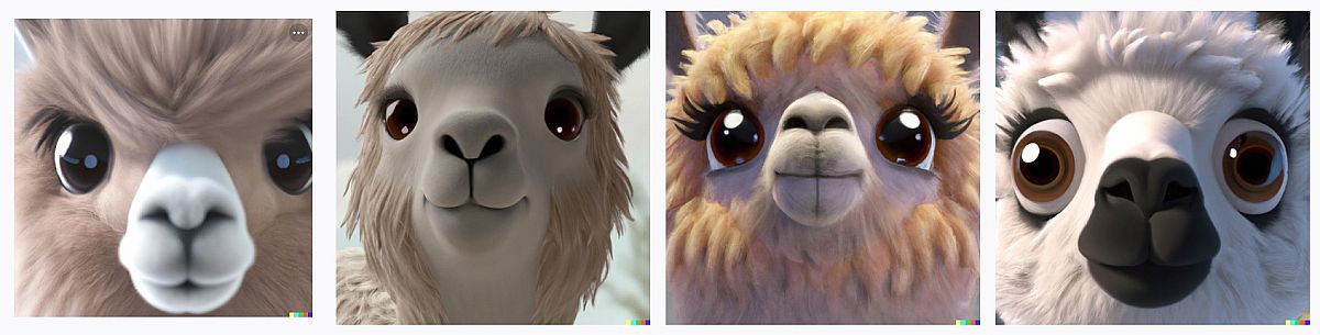 Генерирано с DALL-E 2, примерен текст: 3d fluffy llama, closeup cute and adorable, cute big circular reflective eyes, long fuzzy fur, Pixar render, un...