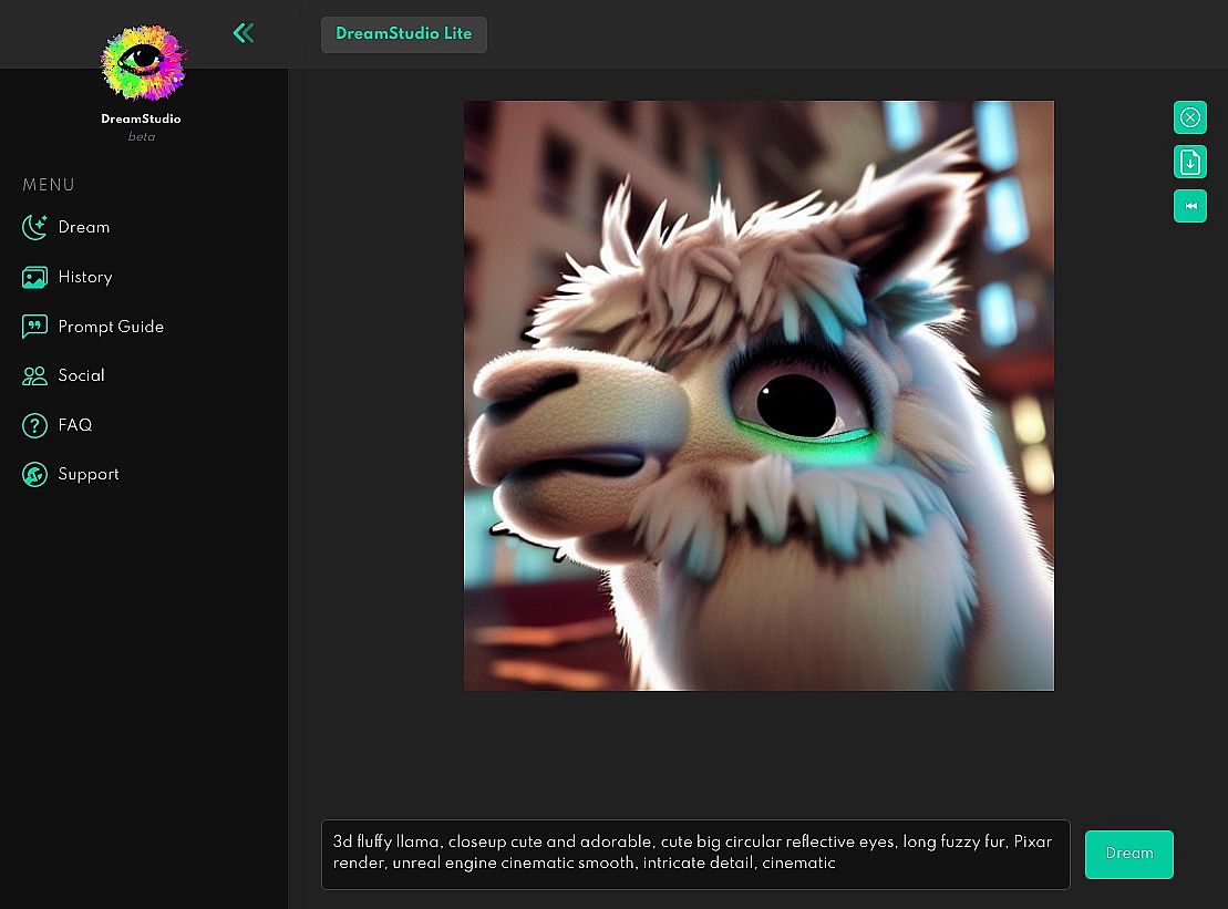 DreamStudio, примерен текст: 3d fluffy llama, closeup cute and adorable, cute big circular reflective eyes, long fuzzy fur, Pixar render, unreal engin...
