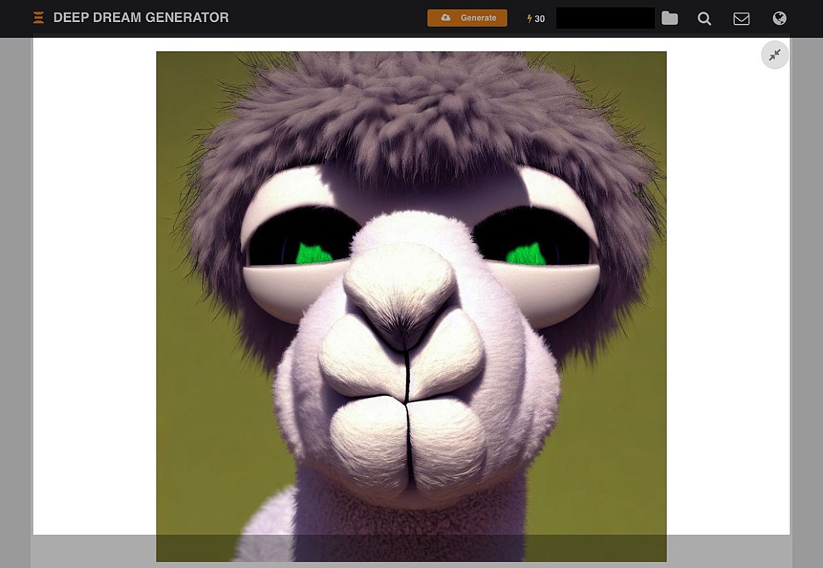 Deep Dream Generator, примерен текст: 3d fluffy llama, closeup cute and adorable, cute big circular reflective eyes, long fuzzy fur, Pixar render, unr...